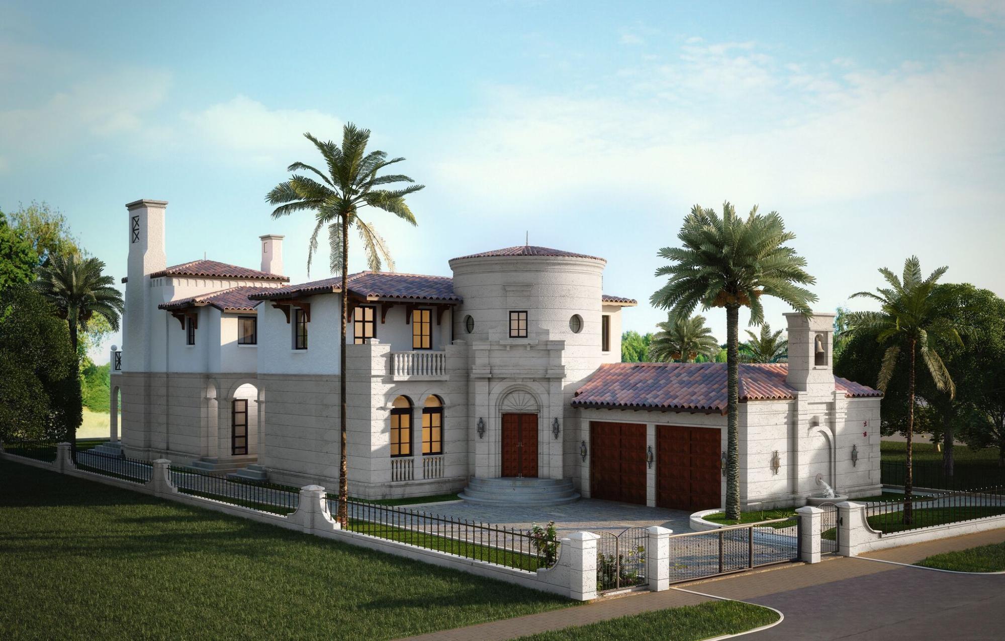 Mediterranean-style luxury home with palm trees and gated entry in Palm Beach County